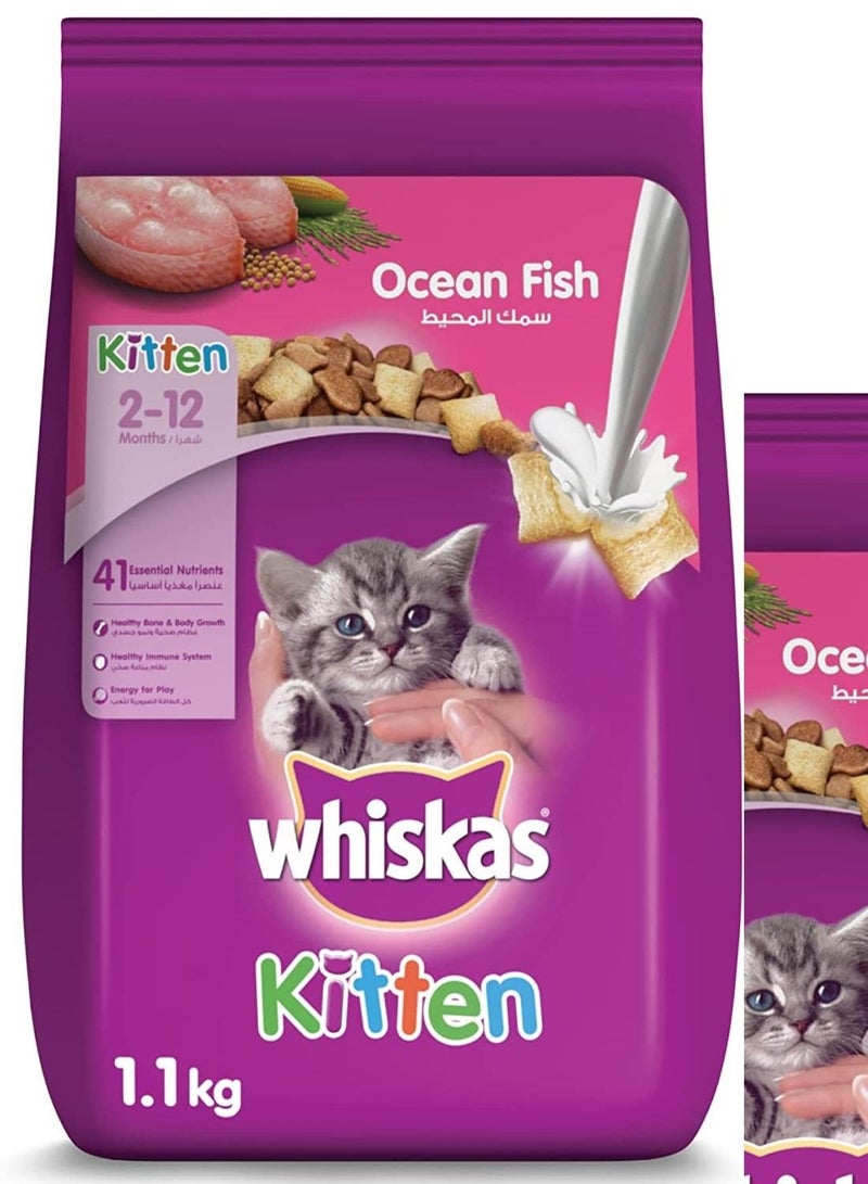 ويسكاس طعام القطط بنكهة سمك المحيط مع الحليب المجفف للقطط التي تتراوح أعمارهم بين 2-12 شهرًا