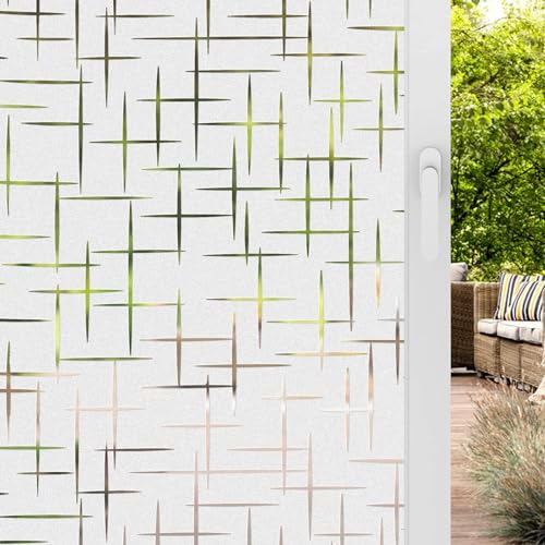 ELTON Vinyl 3D Window Films Privacy Film Self Adhesive Decorative Film For Bathroom Door Window Heat Control Anti Uv (Cross Lines, 24 X 96 Inches), Off-White - Image 1