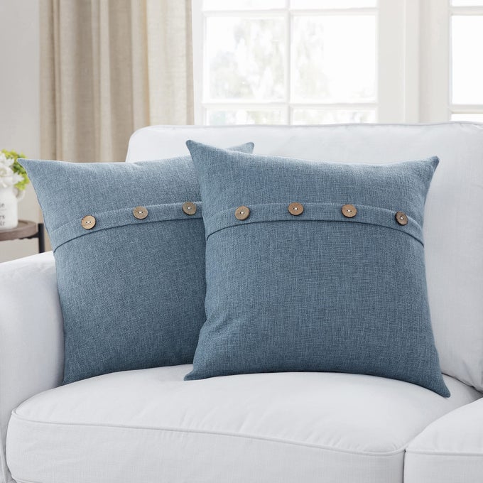 SET OF 2 SLATE BLUE PILLOW COVERS 20 X 20 LINEN PILLOW COVERS WITH COCONUT BUTTONS FARMHOUSE DCOR HOUSEWARMING GIFTS