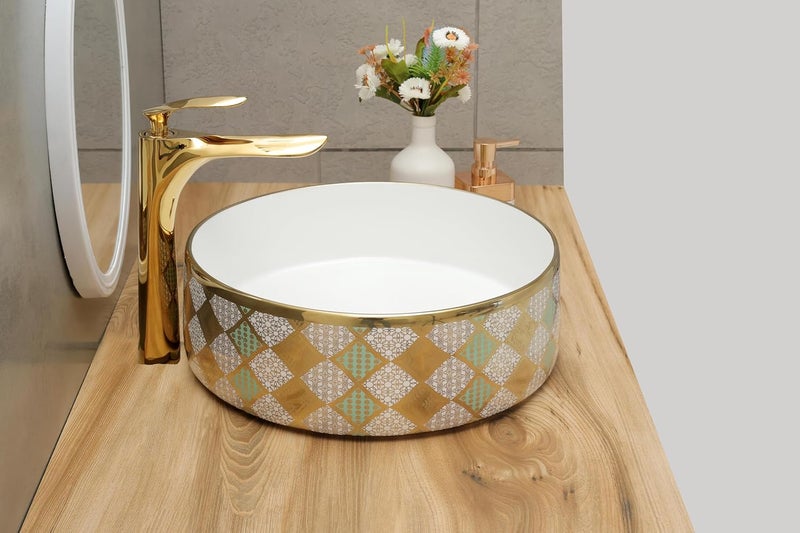 ACRAVIT CERAMIC Designer Table Top Ceramic Wash Basin Vessel Sink with Slim Rim Collapsible Countertop Basin OverCounter Bathroom Sink Green Golden446 x 400 x 140 MM - Image 2