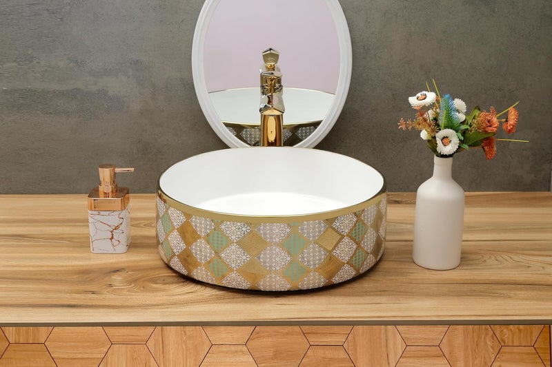 ACRAVIT CERAMIC Designer Table Top Ceramic Wash Basin Vessel Sink with Slim Rim Collapsible Countertop Basin OverCounter Bathroom Sink Green Golden446 x 400 x 140 MM - Image 1