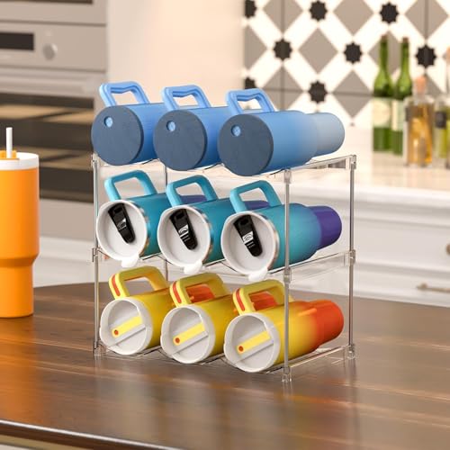 House of Quirk Plastic Tumbler Rack, 3-Layer Stackable Water Bottle Organizer with 9 Slots, Cupboard & Fridge Bottle Storage Rack for Kitchen Cabinet, BPA-Free Space-Saving Bottle Holder - Image 5