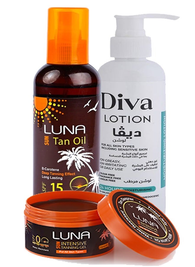 Luna group tanning 130 GM gel and oil 200 ML and after sun moisturizing lotion 200 ML