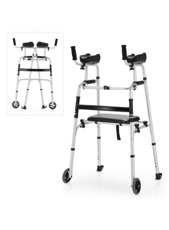Lightweight Folding Walker for Seniors - 8-Level Height Adjustabl (100-116cm ) Mobility Aid with 5" Wheels & Padded Seat | Sturdy Platform Walker for Elderly, Disabled & Handicap Support (Black/Silver)