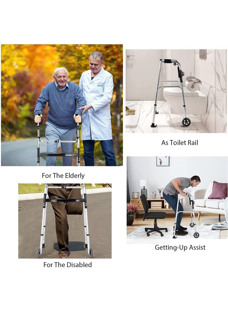WALALLA Lightweight Folding Walker for Seniors - 8-Level Height Adjustabl (100-116cm ) Mobility Aid with 5" Wheels & Padded Seat | Sturdy Platform Walker for Elderly, Disabled & Handicap Support (Black/Silver) - Image 3