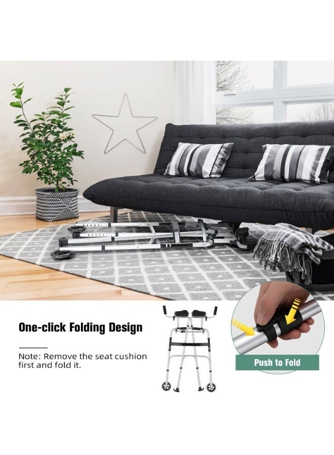WALALLA Lightweight Folding Walker for Seniors - 8-Level Height Adjustabl (100-116cm ) Mobility Aid with 5" Wheels & Padded Seat | Sturdy Platform Walker for Elderly, Disabled & Handicap Support (Black/Silver) - Image 5