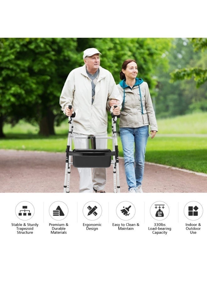 WALALLA Lightweight Folding Walker for Seniors - 8-Level Height Adjustabl (100-116cm ) Mobility Aid with 5" Wheels & Padded Seat | Sturdy Platform Walker for Elderly, Disabled & Handicap Support (Black/Silver) - Image 2