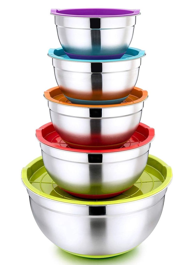 DubaiGallery Mixing Bowl, 5 Piece Stainless Steel Mixing Bowls for Baking with Multi Colored Airtight Lids & Non-Slip Silicone Base, Mixing Bowls Set with Inner Measurement, Great for Mixing & Serving - Image 1