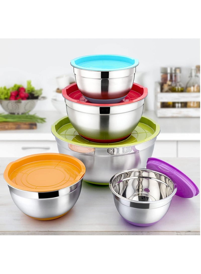 DubaiGallery Mixing Bowl, 5 Piece Stainless Steel Mixing Bowls for Baking with Multi Colored Airtight Lids & Non-Slip Silicone Base, Mixing Bowls Set with Inner Measurement, Great for Mixing & Serving - Image 2