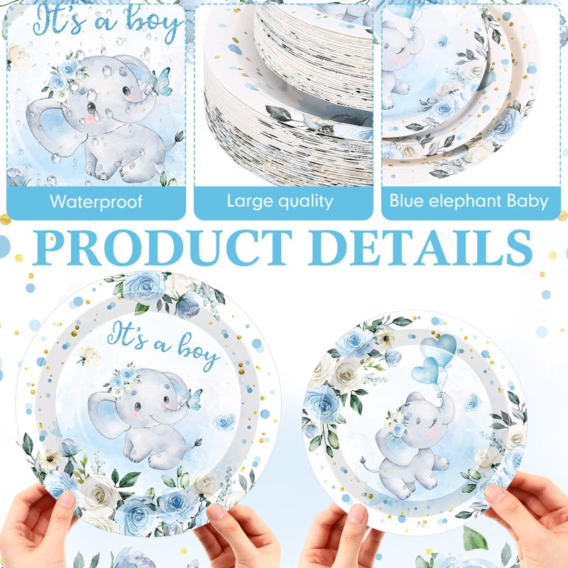 Funnymoom 200 Pcs Elephant Baby Shower Party Supplies Kit It's a Boy Disposable Paper Dinner Plates Dessert Plates Baby Gender Reveal Napkins for Blue Floral Elephant Baby Shower Party 50 Guests - Image 2