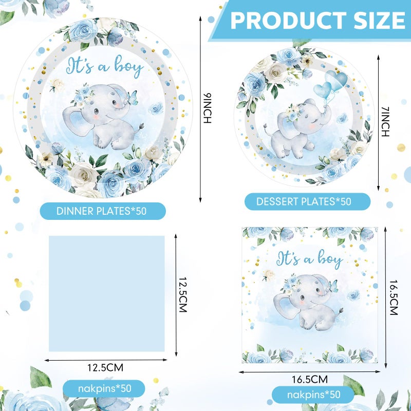 Funnymoom 200 Pcs Elephant Baby Shower Party Supplies Kit It's a Boy Disposable Paper Dinner Plates Dessert Plates Baby Gender Reveal Napkins for Blue Floral Elephant Baby Shower Party 50 Guests - Image 1