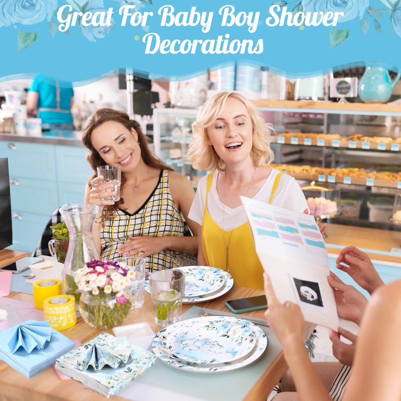 Funnymoom 200 Pcs Elephant Baby Shower Party Supplies Kit It's a Boy Disposable Paper Dinner Plates Dessert Plates Baby Gender Reveal Napkins for Blue Floral Elephant Baby Shower Party 50 Guests - Image 3