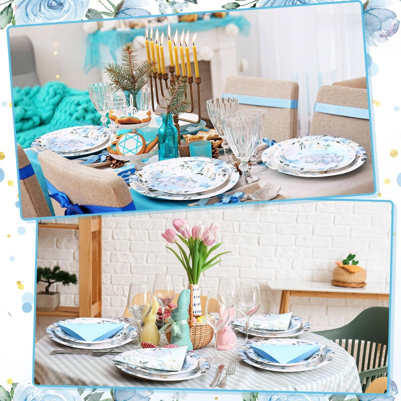 Funnymoom 200 Pcs Elephant Baby Shower Party Supplies Kit It's a Boy Disposable Paper Dinner Plates Dessert Plates Baby Gender Reveal Napkins for Blue Floral Elephant Baby Shower Party 50 Guests - Image 4