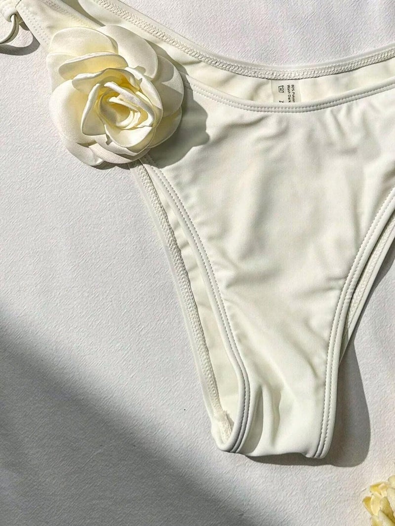 Falainetee Women's Floral Appliques Cute Bathing Suit High Waisted Colorblock Tie Back Swimsuit Bikini Set White S - Image 4
