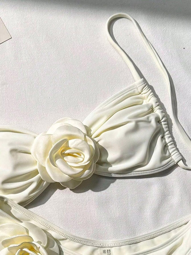 Falainetee Women's Floral Appliques Cute Bathing Suit High Waisted Colorblock Tie Back Swimsuit Bikini Set White S - Image 2