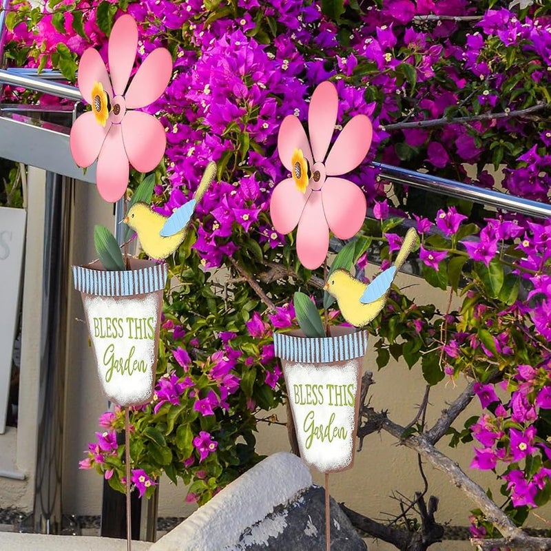 طاحونة هواء زهرة عباد الشمس من الحديد الأبيض للزينة الخارجية للحديقة والشرفة والملعب - Image 4