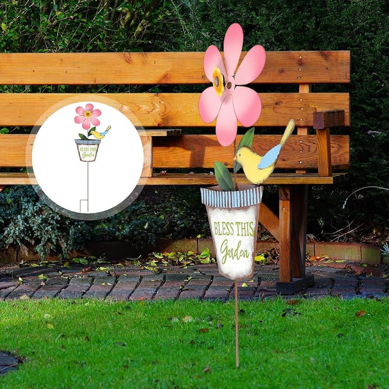 طاحونة هواء زهرة عباد الشمس من الحديد الأبيض للزينة الخارجية للحديقة والشرفة والملعب - Image 5