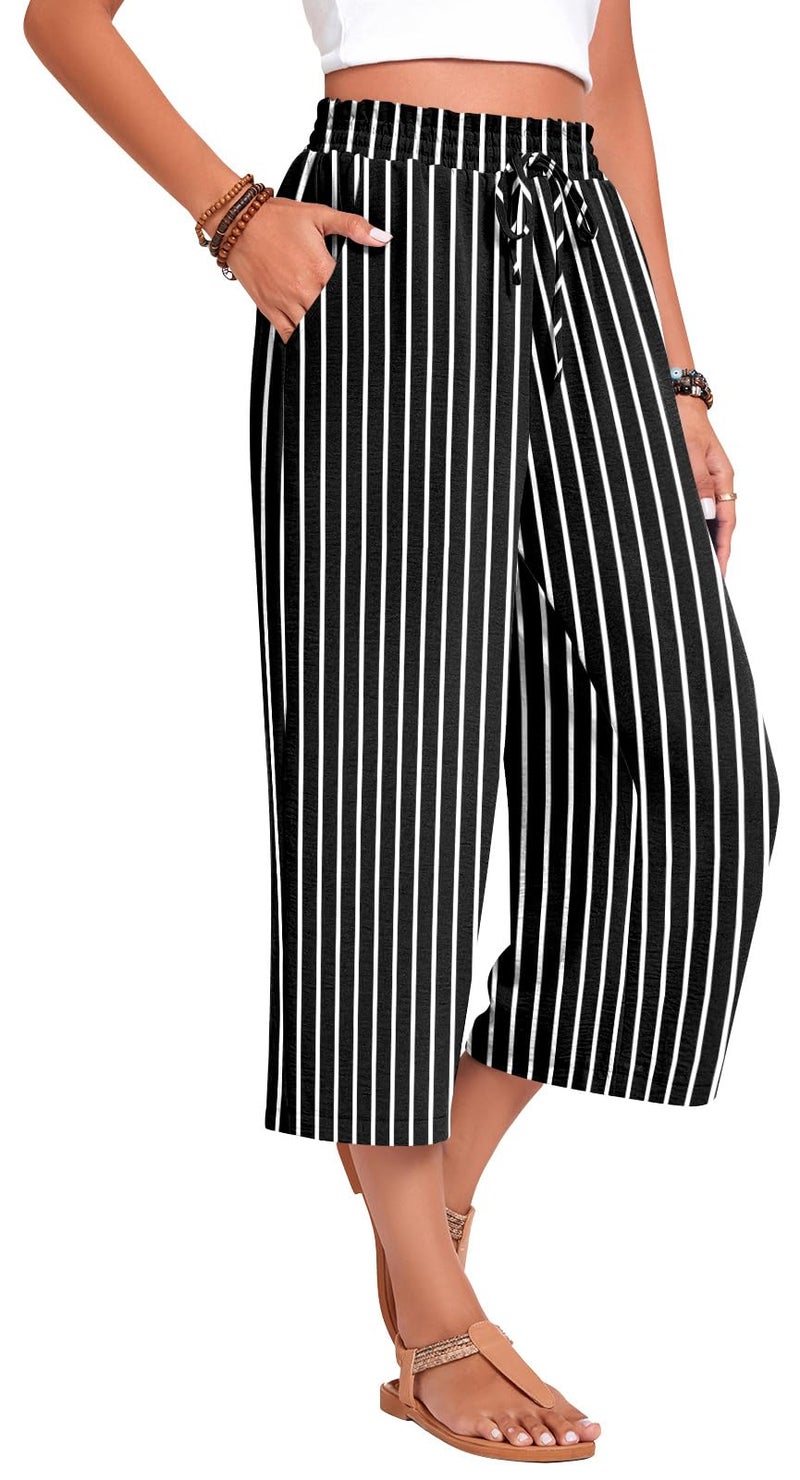 Anyhold Womens Plus Size Capri Pants Loose High Waisted Wide Leg Lounge Pants Drawstring Casual Palazzo Trousers with Pockets 2X-Large, Black White Stripes - Image 2