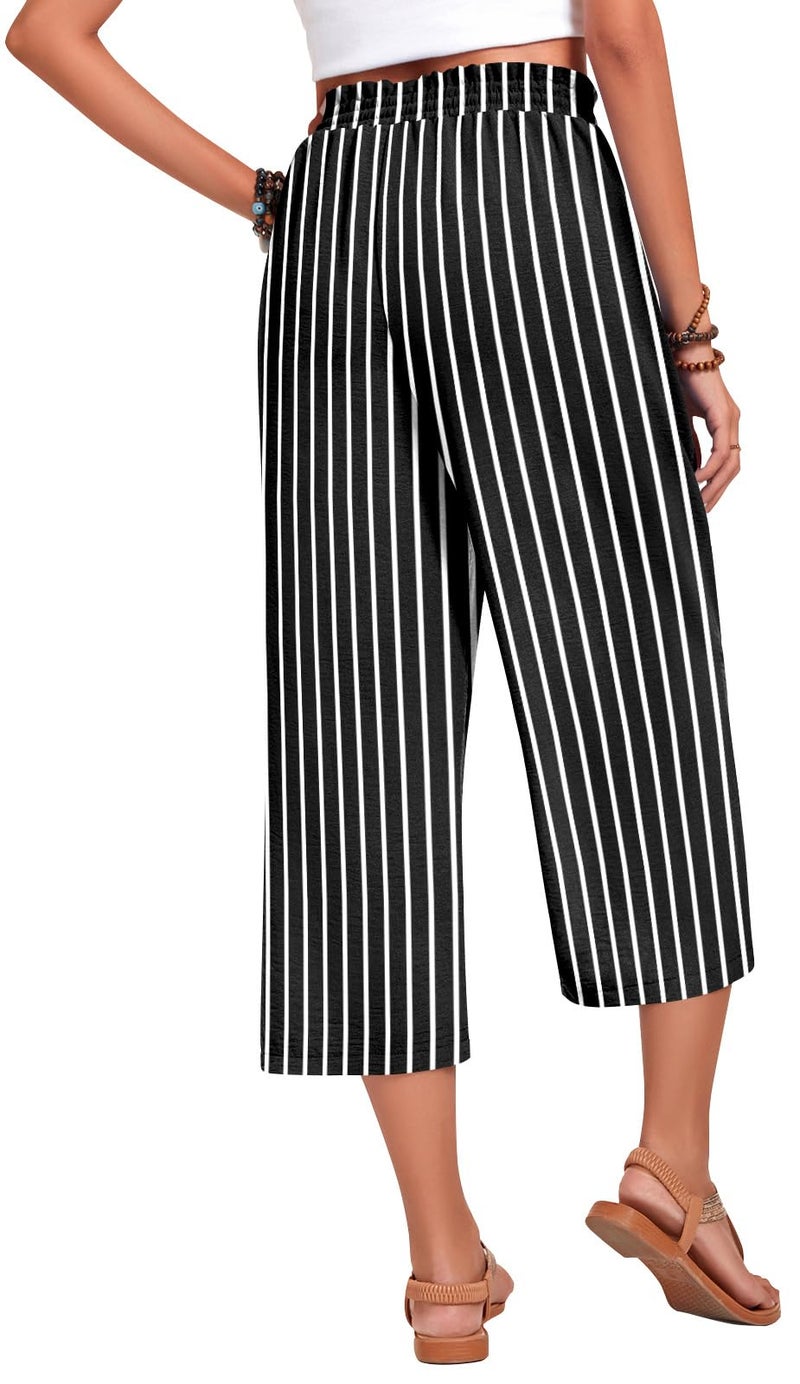 Anyhold Womens Plus Size Capri Pants Loose High Waisted Wide Leg Lounge Pants Drawstring Casual Palazzo Trousers with Pockets 2X-Large, Black White Stripes - Image 3