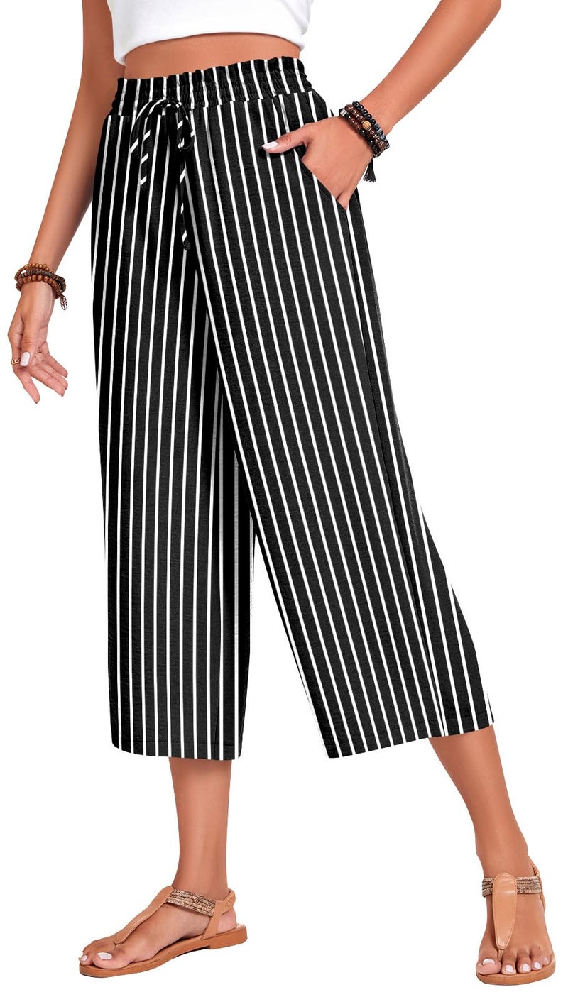 Anyhold Womens Plus Size Capri Pants Loose High Waisted Wide Leg Lounge Pants Drawstring Casual Palazzo Trousers with Pockets 2X-Large, Black White Stripes - Image 1