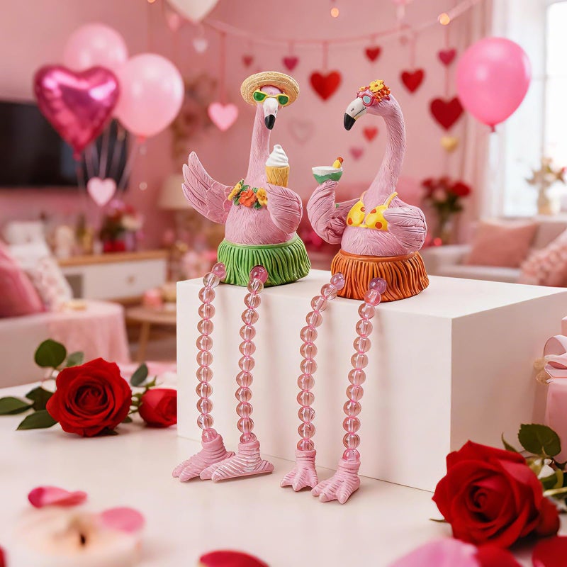 DiliComing Flamingo Decor Pink Gifts Statue - 2 Pcs Resin Collectible Figurine for Summer Tropical Home Decor Valentine Bathroom Yard Party Decorations 7.5 Inches Shelf Sitter with Dangling Legs - Image 2