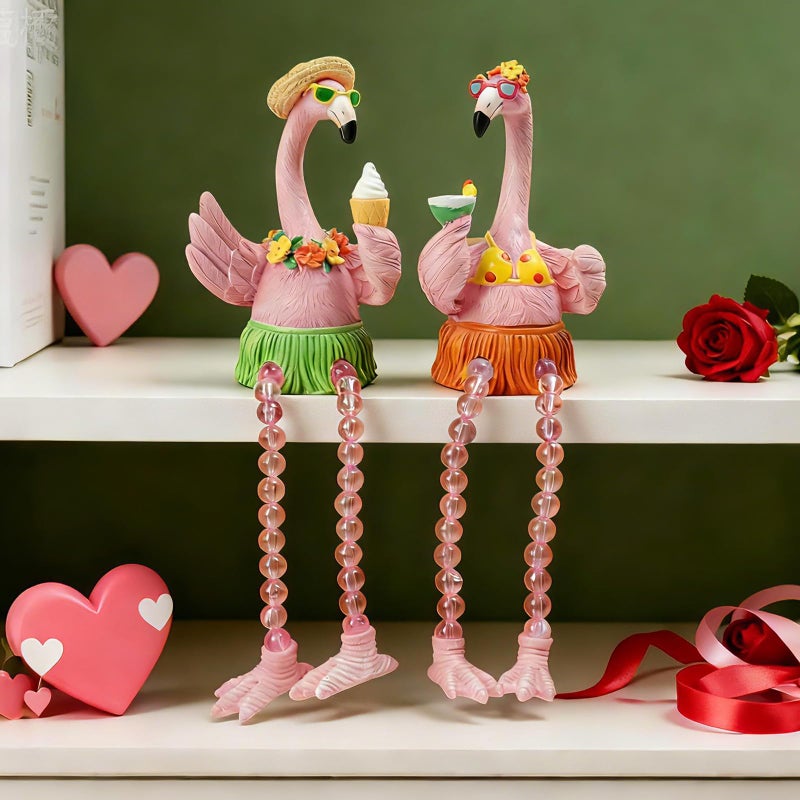 DiliComing Flamingo Decor Pink Gifts Statue - 2 Pcs Resin Collectible Figurine for Summer Tropical Home Decor Valentine Bathroom Yard Party Decorations 7.5 Inches Shelf Sitter with Dangling Legs - Image 3