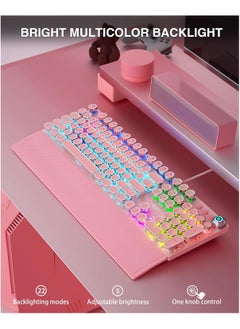 أولا اولا كيبورد العاب ميكانيكي F2088 بتصميم الة كاتبة واضاءة خلفية LED بالوان قوس قزح، مسند معصم قابل للازالة، مقبض تحكم في الوسائط، اغطية مفاتيح دائرية ريترو بانك، كيبورد كمبيوتر سلكي USB، زهري  - Image 4