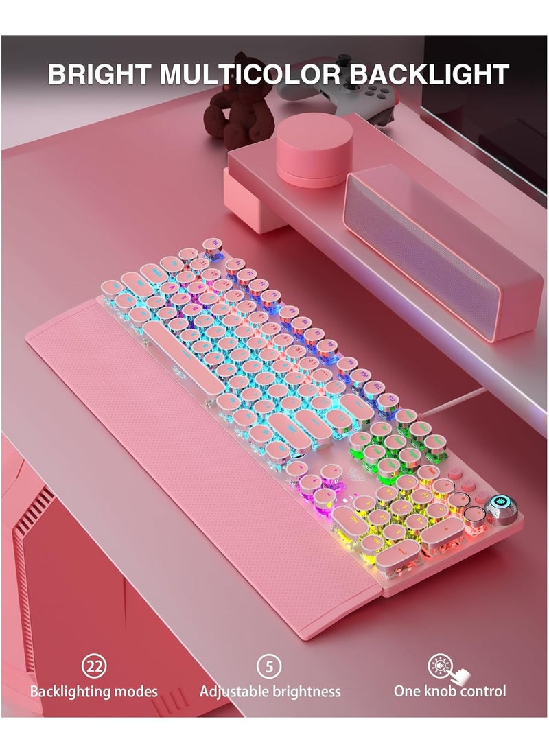 أولا - اولا كيبورد العاب ميكانيكي F2088 بتصميم الة كاتبة واضاءة خلفية LED بالوان قوس قزح، مسند معصم قابل للازالة، مقبض تحكم في الوسائط، اغطية مفاتيح دائرية ريترو بانك، كيبورد كمبيوتر سلكي USB، زهري - Image 1