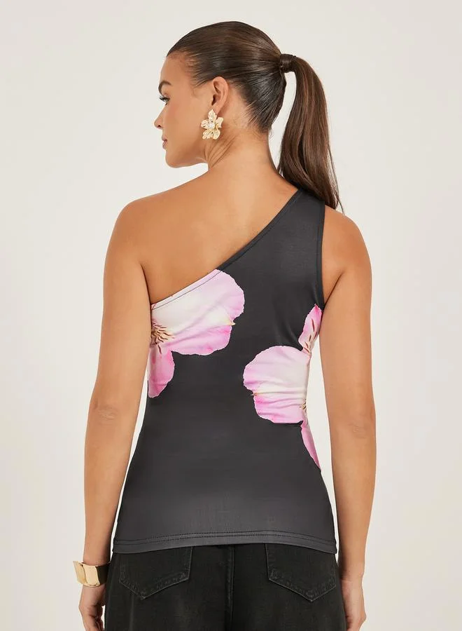 Styli One Shoulder Floral Print Fitted Tank