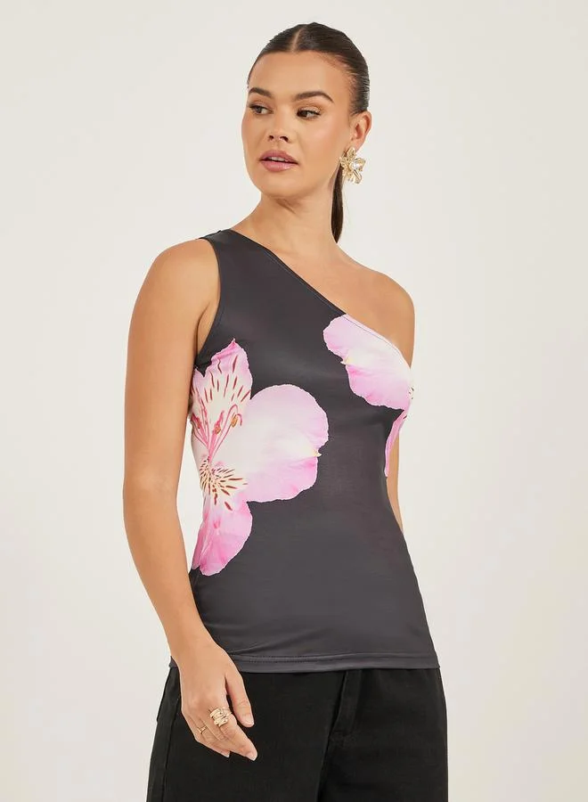 Styli One Shoulder Floral Print Fitted Tank