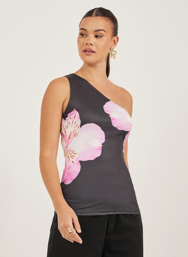 Styli One Shoulder Floral Print Fitted Tank  - Image 3