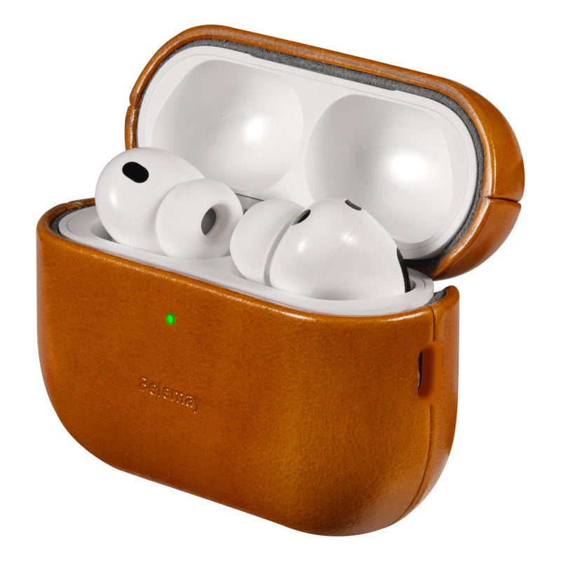 Belemay Handcrafted Oil-Waxed Leather Case for AirPods Pro 3rd Gen (2025), Genuine Cowhide, Smooth Glossy Lively Two-Tone Patina, Compatible with MagSafe, Compatible with Airpods Pro 3, Amber Brown - Image 2