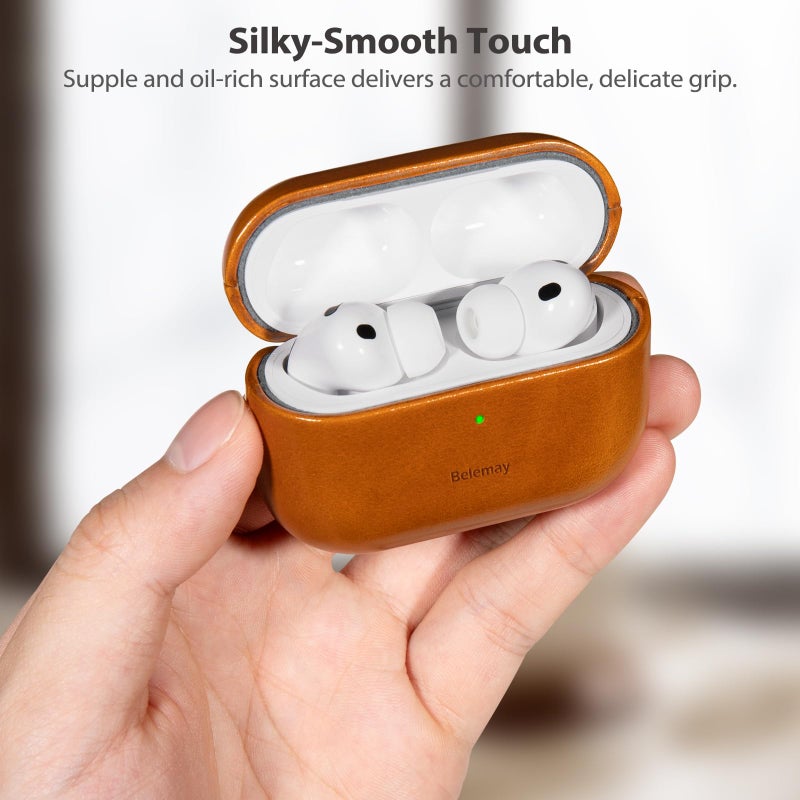 Belemay Handcrafted Oil-Waxed Leather Case for AirPods Pro 3rd Gen (2025), Genuine Cowhide, Smooth Glossy Lively Two-Tone Patina, Compatible with MagSafe, Compatible with Airpods Pro 3, Amber Brown - Image 5