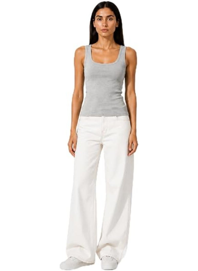 Nileton Women's Basic Ribbed Knit - Cotton Scoop Neck Tank Top - Slim Fit Sleeveless Stretchy Fitted Casual Everyday Tank - Image 1
