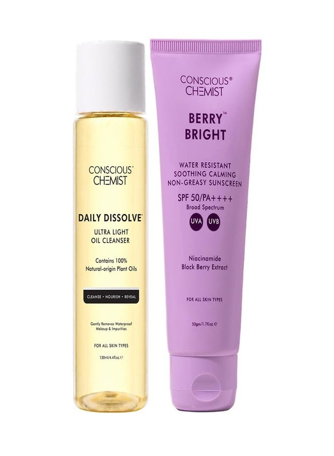 Conscious Chemist Berry Bright SPF 50 PA++++ In-Vivo Tested & Daily Dissolve Combo, Gel Sunscreen with Niacinamide, Ultra Light Oil Cleanser, All Skin Types, 50g + 130ml - Image 1