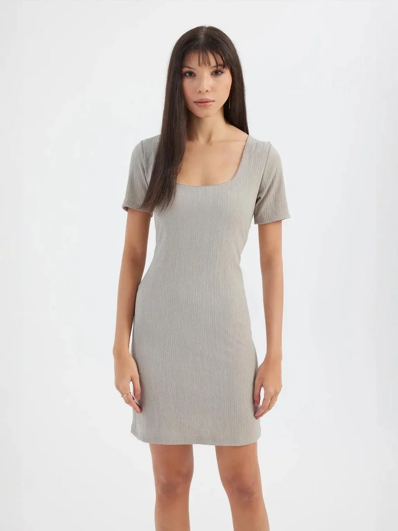 Hiccup Square Neck Short Sleeve Mini Bodycon Dress