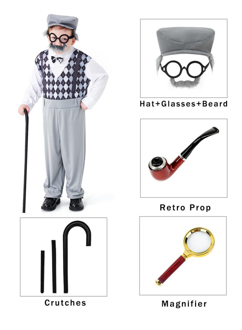 Excefore Old Man Costume Kids, Boys 100 Days of School Costume Grandpa Costume Kids 100 Year Old Costume Boys Dress up, M Size - Image 2