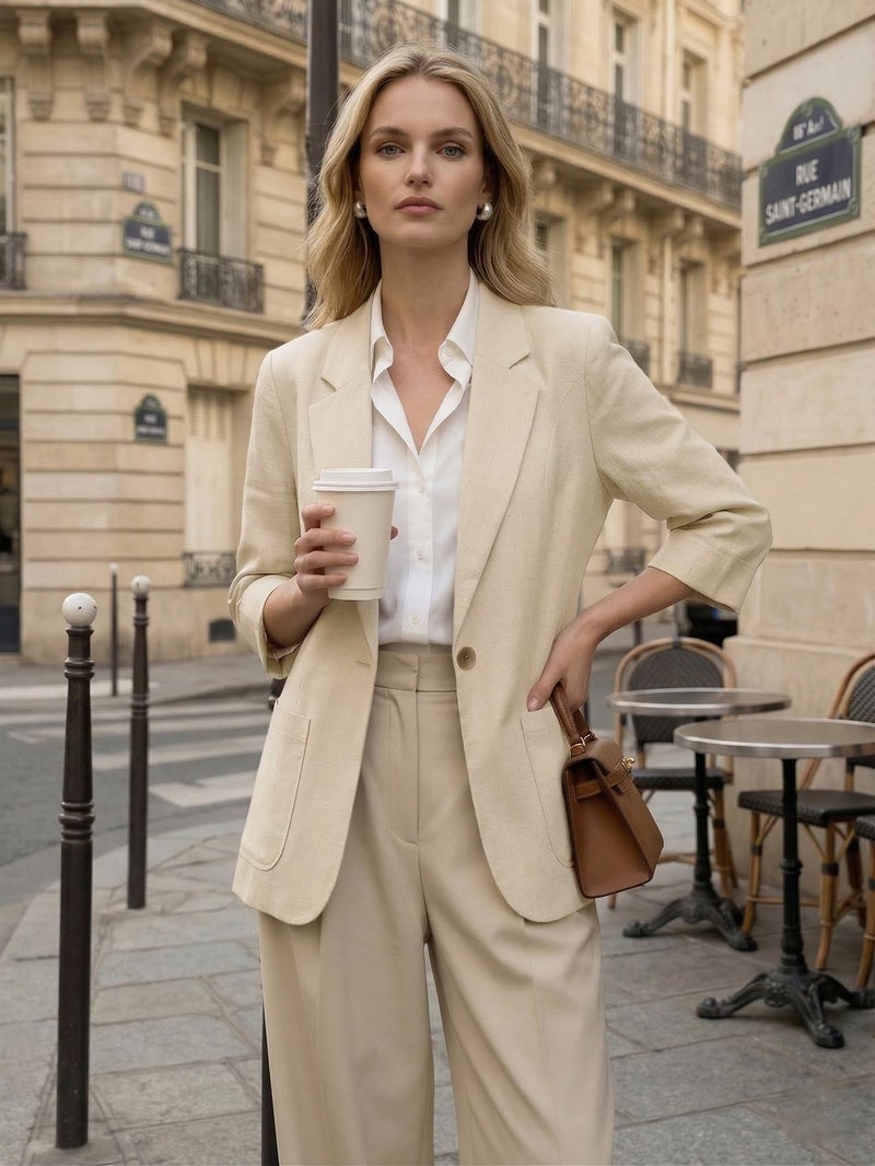 Mina Self Linen Blazers Jackets for Women 2026 Summer 3/4 Sleeve Lightweight Beige Womens Blazer Petite Fitted Business Casual Fashion Dressy Trendy Suit Work Office Women's Blazers & Suit Jackets - Image 3