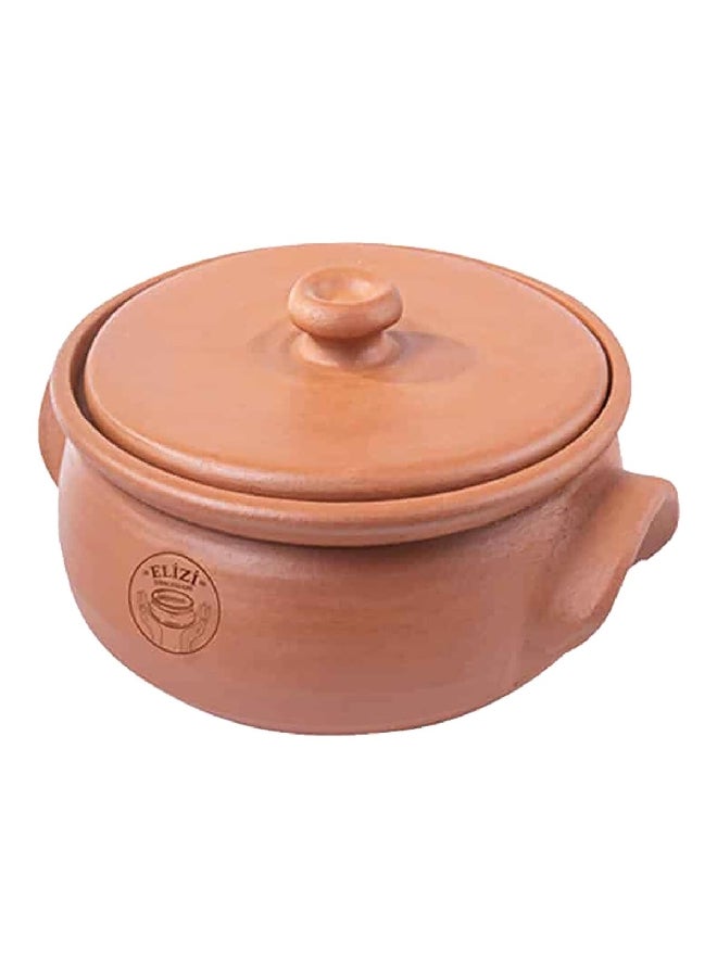 Lined Round Shape Heat Resistant Full Natural Handmade Clay Pot with Lid Brown 17 x 28 x 28 cm EL-013