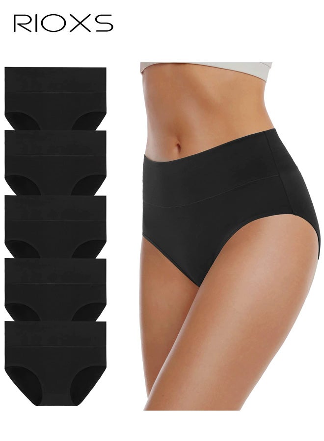 RIOXS 5 Pack Women's High Waisted Underwear, Breathable Stretch Seamless Briefs for Ladies, Soft Full Coverage Tummy Control Panties Briefs (Regular and Plus Size), Black - Image 1