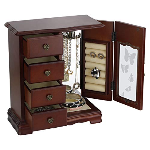 RR ROUND RICH DESIGN Solid Wooden Jewelry Box Makeup and Organizer Women Ring Storage with 4-Drawers Built-in Necklace Carousel and Mirror Brown - Image 2