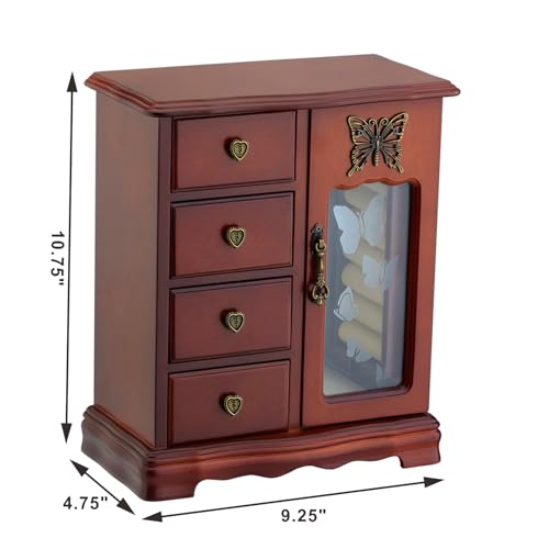 RR ROUND RICH DESIGN Solid Wooden Jewelry Box Makeup and Organizer Women Ring Storage with 4-Drawers Built-in Necklace Carousel and Mirror Brown - Image 4
