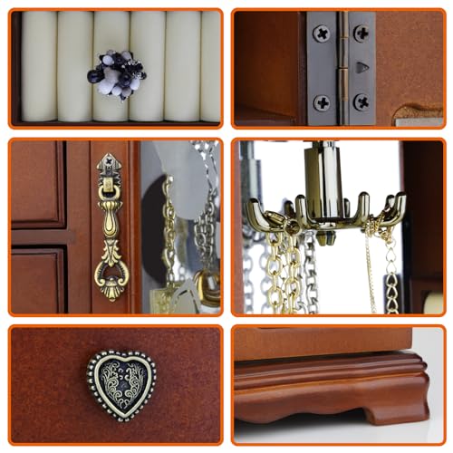 RR ROUND RICH DESIGN Solid Wooden Jewelry Box Makeup and Organizer Women Ring Storage with 4-Drawers Built-in Necklace Carousel and Mirror Brown - Image 3