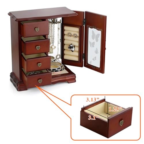 RR ROUND RICH DESIGN Solid Wooden Jewelry Box Makeup and Organizer Women Ring Storage with 4-Drawers Built-in Necklace Carousel and Mirror Brown - Image 5
