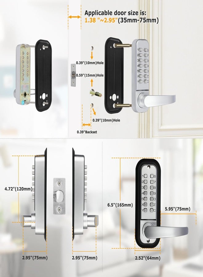 Soobool Double Sided Keyless Door Lock with Handle, Double Keypad Door Lock，Mechanical Keypad Door Lock Stainless Steel Sunscreen Waterproof Digital keyless Gate Locks for Outdoor Fences (Silvery) - Image 3