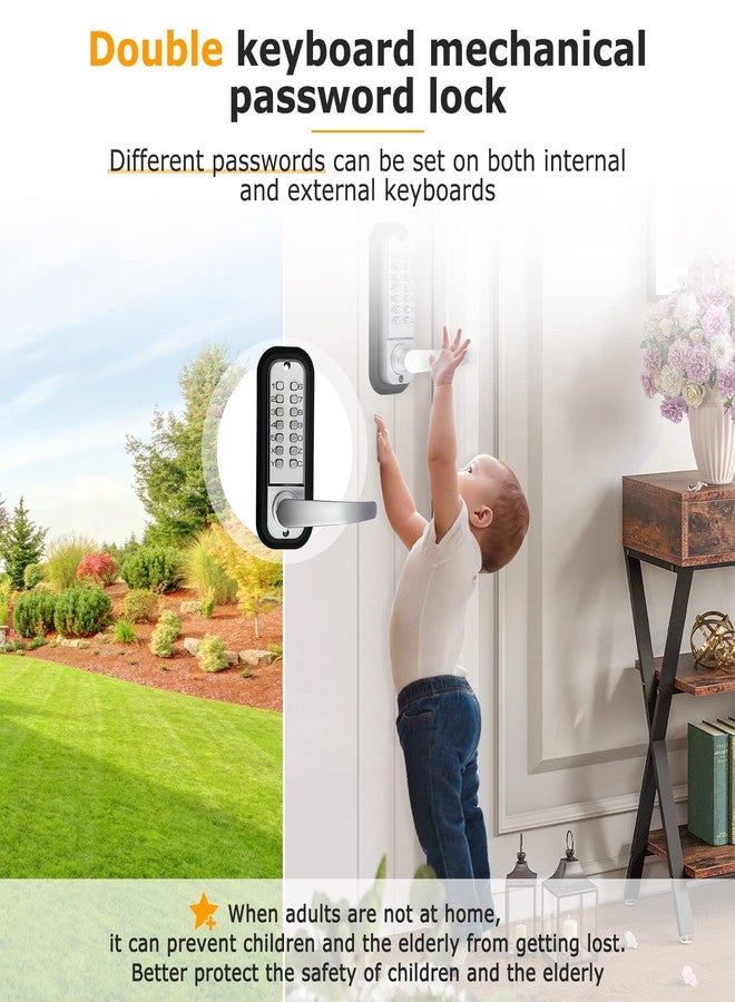 Soobool Double Sided Keyless Door Lock with Handle, Double Keypad Door Lock，Mechanical Keypad Door Lock Stainless Steel Sunscreen Waterproof Digital keyless Gate Locks for Outdoor Fences (Silvery) - Image 4