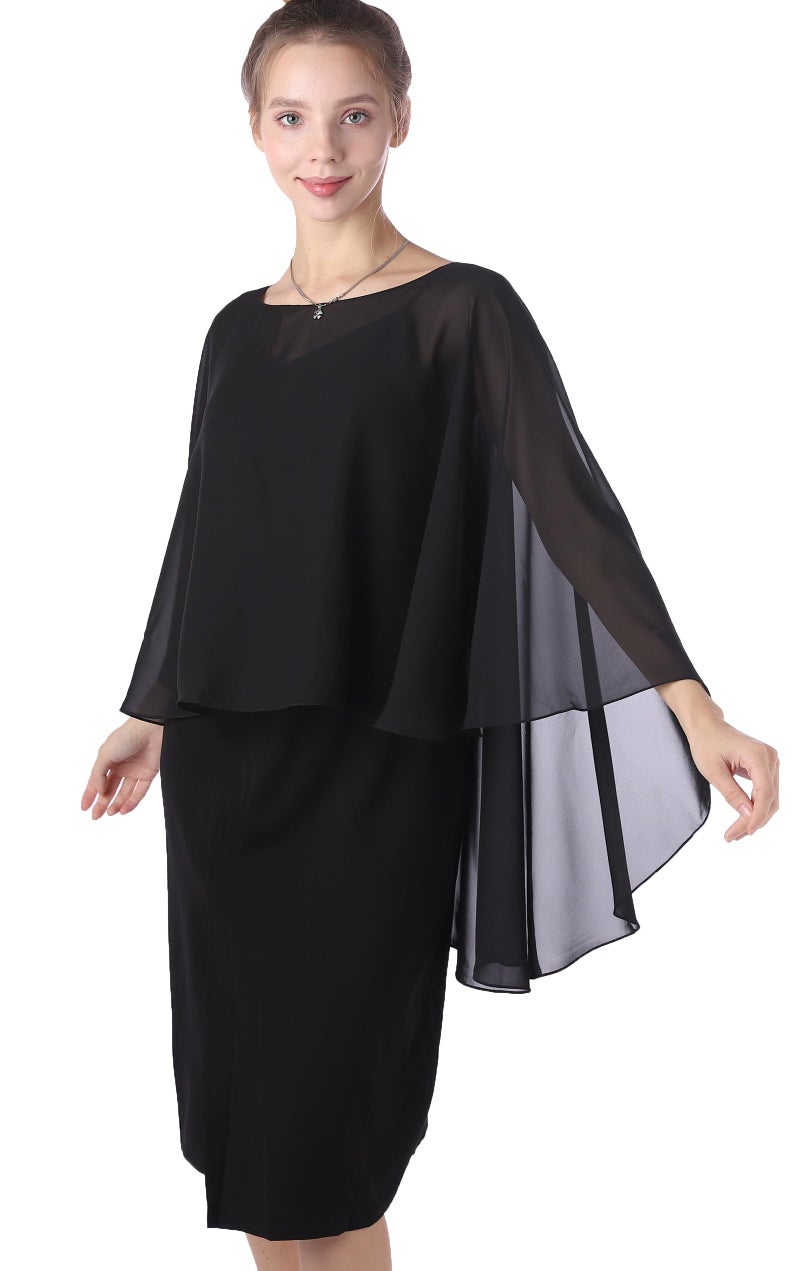 Baoqiya Chiffon Capes Sheer Capelets Bridal Shawls And Wraps Cape Long Plus Size Poncho Cape For Women (Black) - Image 1