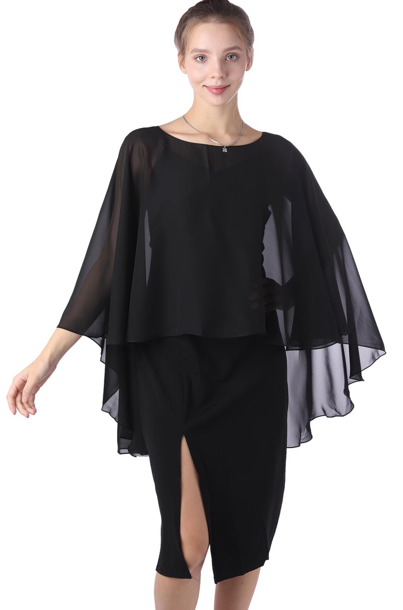 Baoqiya Chiffon Capes Sheer Capelets Bridal Shawls And Wraps Cape Long Plus Size Poncho Cape For Women (Black) - Image 5