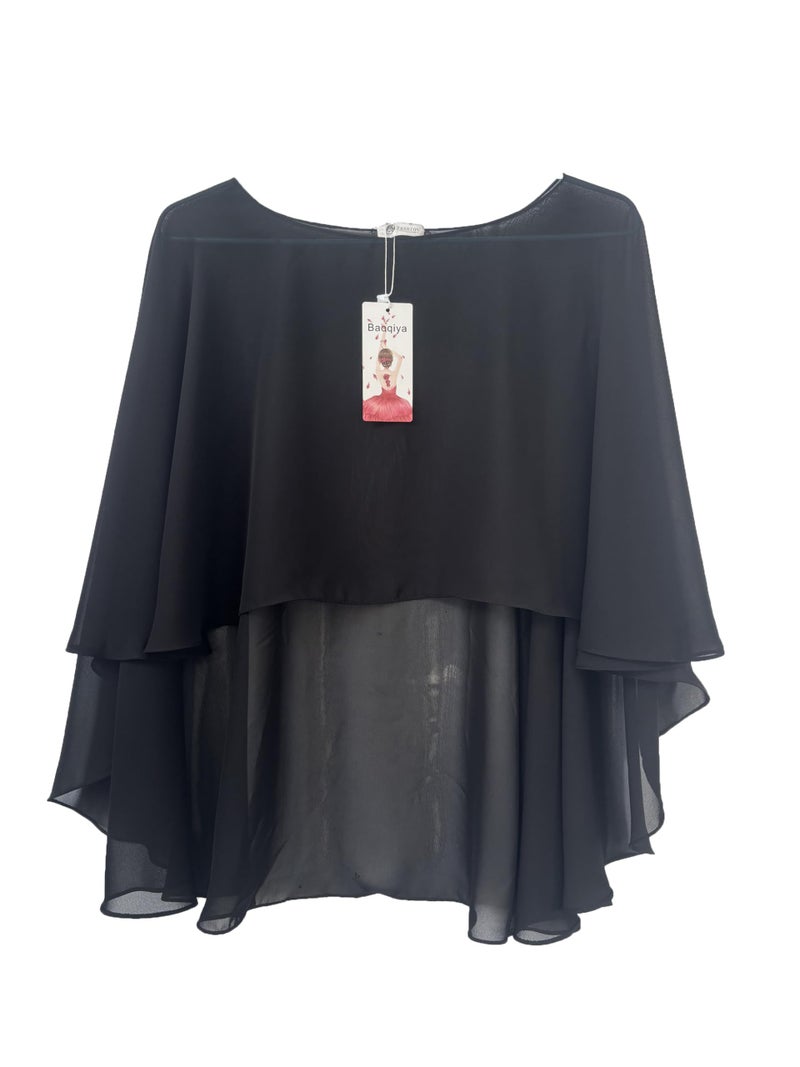 Baoqiya Chiffon Capes Sheer Capelets Bridal Shawls And Wraps Cape Long Plus Size Poncho Cape For Women (Black) - Image 3