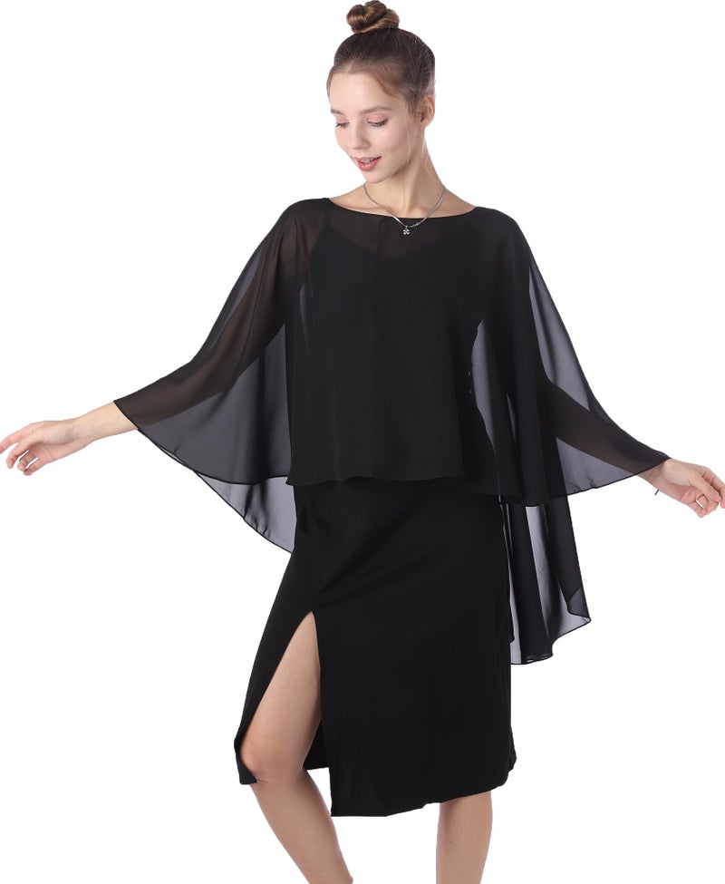 Baoqiya Chiffon Capes Sheer Capelets Bridal Shawls And Wraps Cape Long Plus Size Poncho Cape For Women (Black) - Image 2